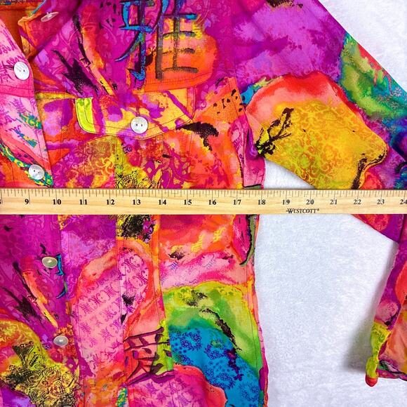 Chicos Silk Shirt Womens 0 (S) Pink Sheer Multicolor Abstract Maximalist Art AOP - Picture 6 of 8